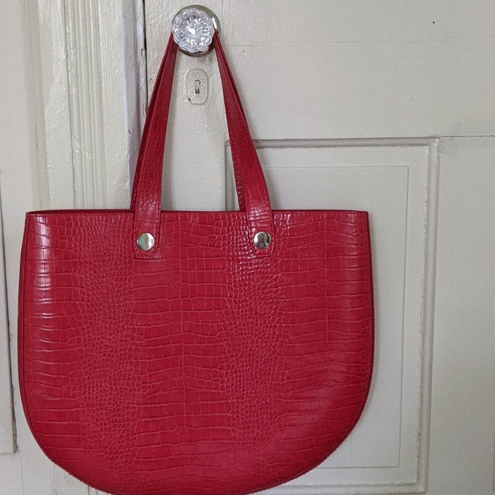 Red crocodile print handbag